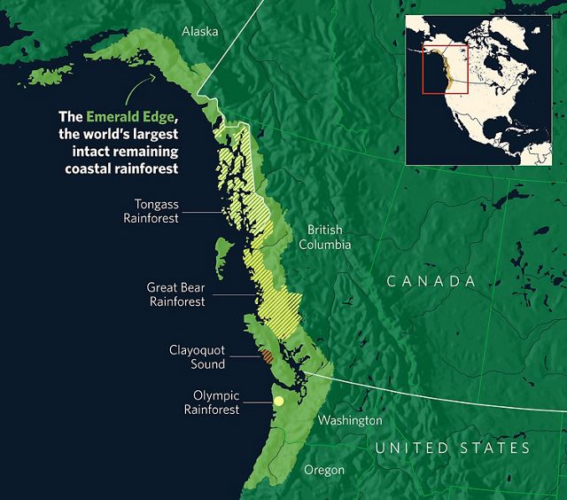 Map outlining the Emerald Edge along the coasts of Washington, British Columbia, and Alaska.
