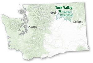 Map showing state of Washington, with Tunk Valley in the northeast and the lands being transferred.
