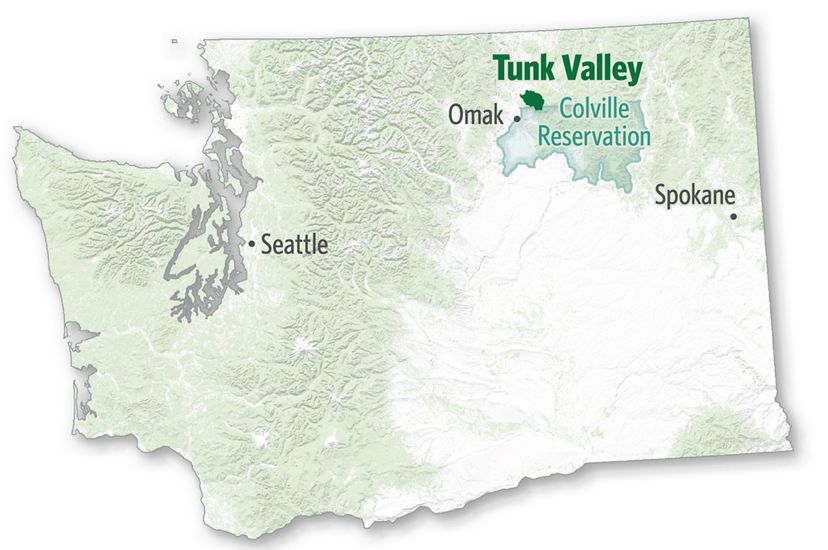 Map showing state of Washington, with Tunk Valley in the northeast and the lands being transferred.
