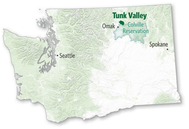 Map showing state of Washington, with Tunk Valley in the northeast and the lands being transferred.
