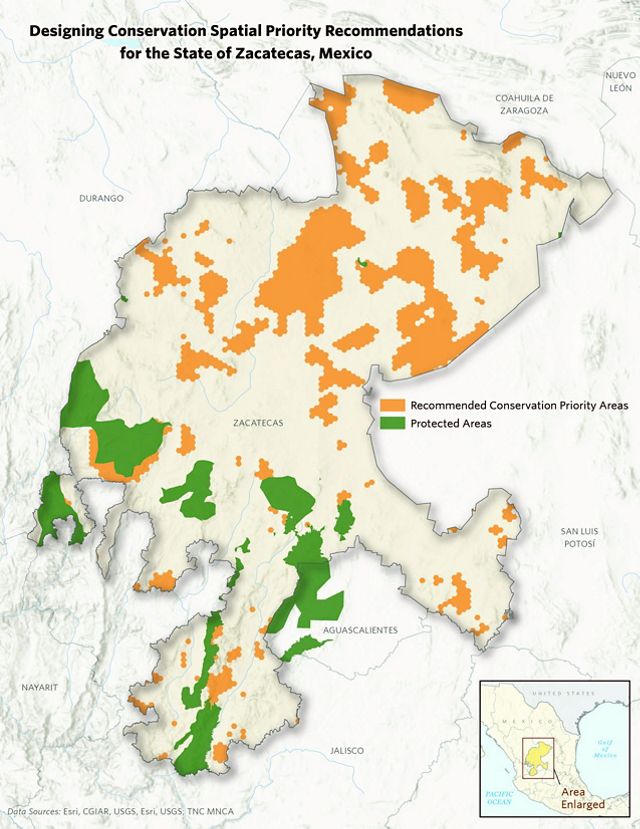 Cartography of conservation areas identified for the Zacatecas Water Fund in Mexico.
