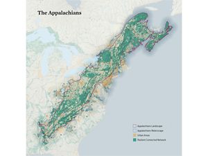 A map showing the outlines of TNC’s work in the Appalachian range.