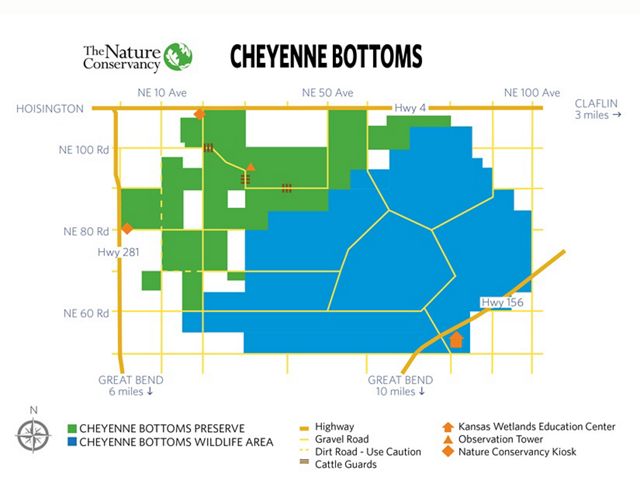 Map of Cheyenne Bottoms wetlands with portions colored green for TNC ownership and blue for State of Kansas ownership.