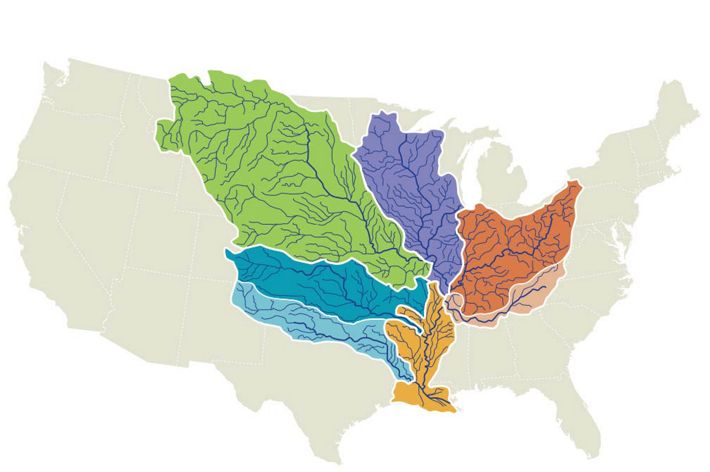 A map highlighting the middle third of the United States, showing the rivers and tributaries of the Mississippi River watershed.