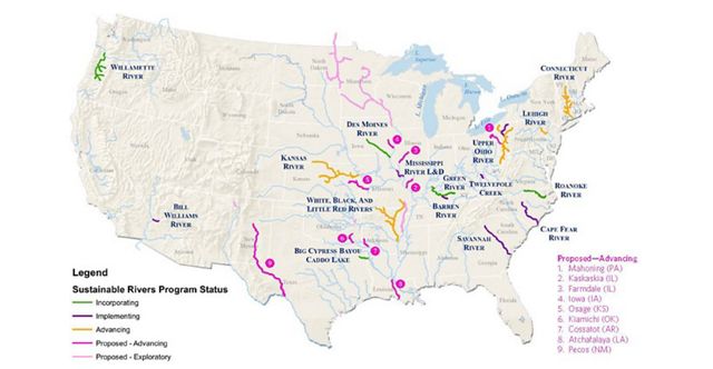 Map of U.S. showing rivers in the Sustainable Rivers Program