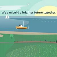 Graphic of a shoreline landscape with two boats out in the water. The sun is setting in the background and the words "We can build a brighter future together" are typed across the sky.