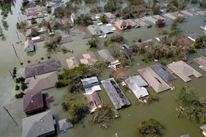 aerial view of rows of houses submerged in water.