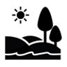 Black and white icon of land, water, sun and trees. 