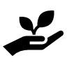 Black and white icon with a hand holding a seedling. 