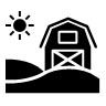 Black and white icon of a barn, land and sun. 