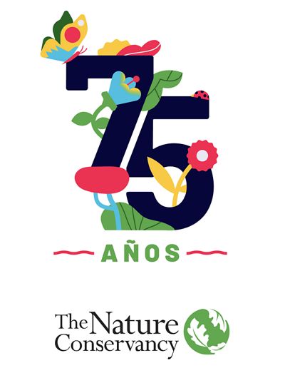 Logo de 75 años con decoración de flores y mariposas y logo de The Nature Conservancy.