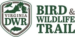 Shield logo of the Virginia Deparment of Wildlife Resources showing outlines of a deer, bird in flight and jumping fish. Text next to the shield reads Bird & Wildlife Trail.