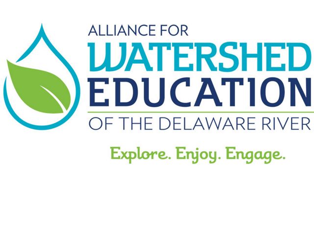 Alliance for Watershed Education of the Delaware River logo. A green leaf inside a blue water droplet outline.