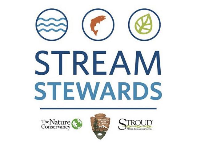 Stream stewards logo. Three round icons depicting blue waves, an orange fish and a green leaf above three partner logos.