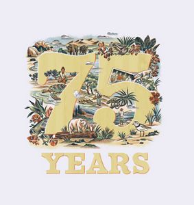 an illustration of animals and landscapes surrounding text of "75 Years".