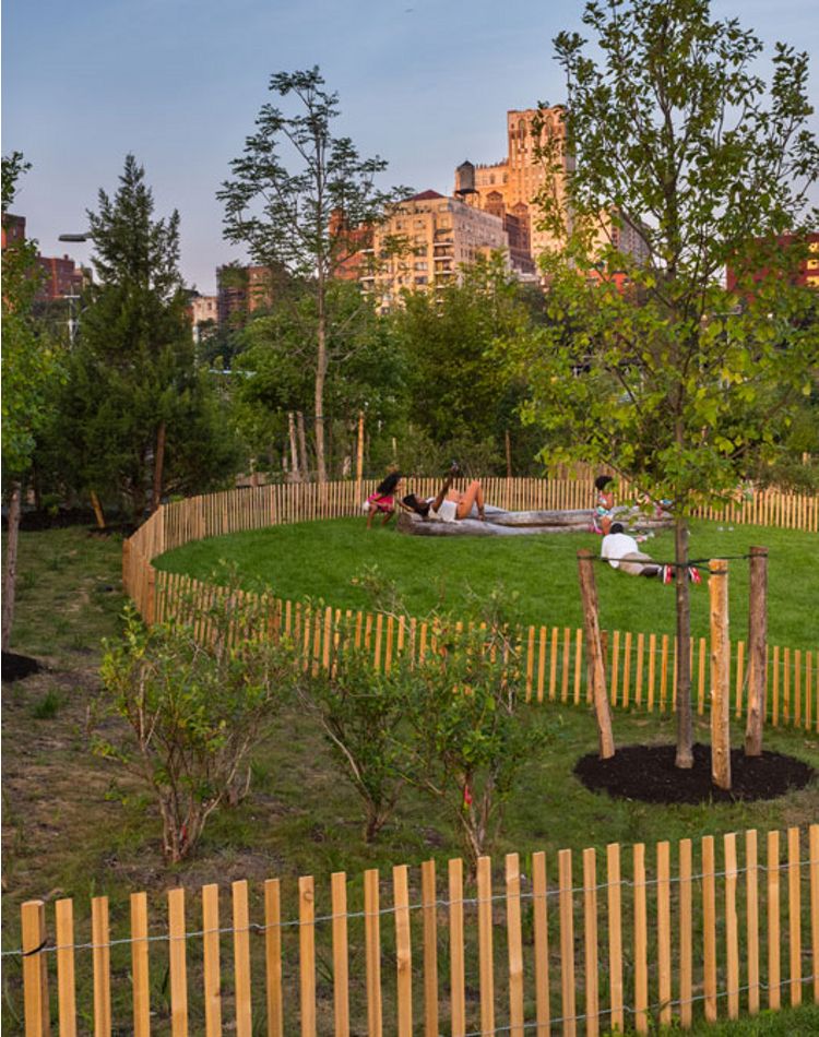 Gente relajándose en la zona de césped de un parque.