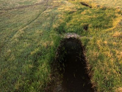 A rock structure that has trapped sediment behind it, allowing a headcut to heal.