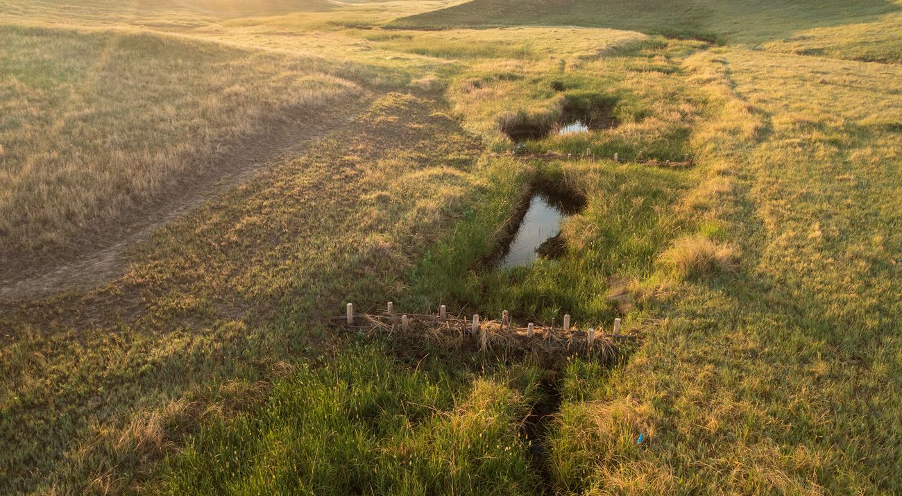 Aerial view of several beaver damn analogs installed along a stream to slow and hold water.