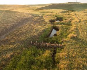 Aerial view of several beaver damn analogs installed along a stream to slow and hold water.