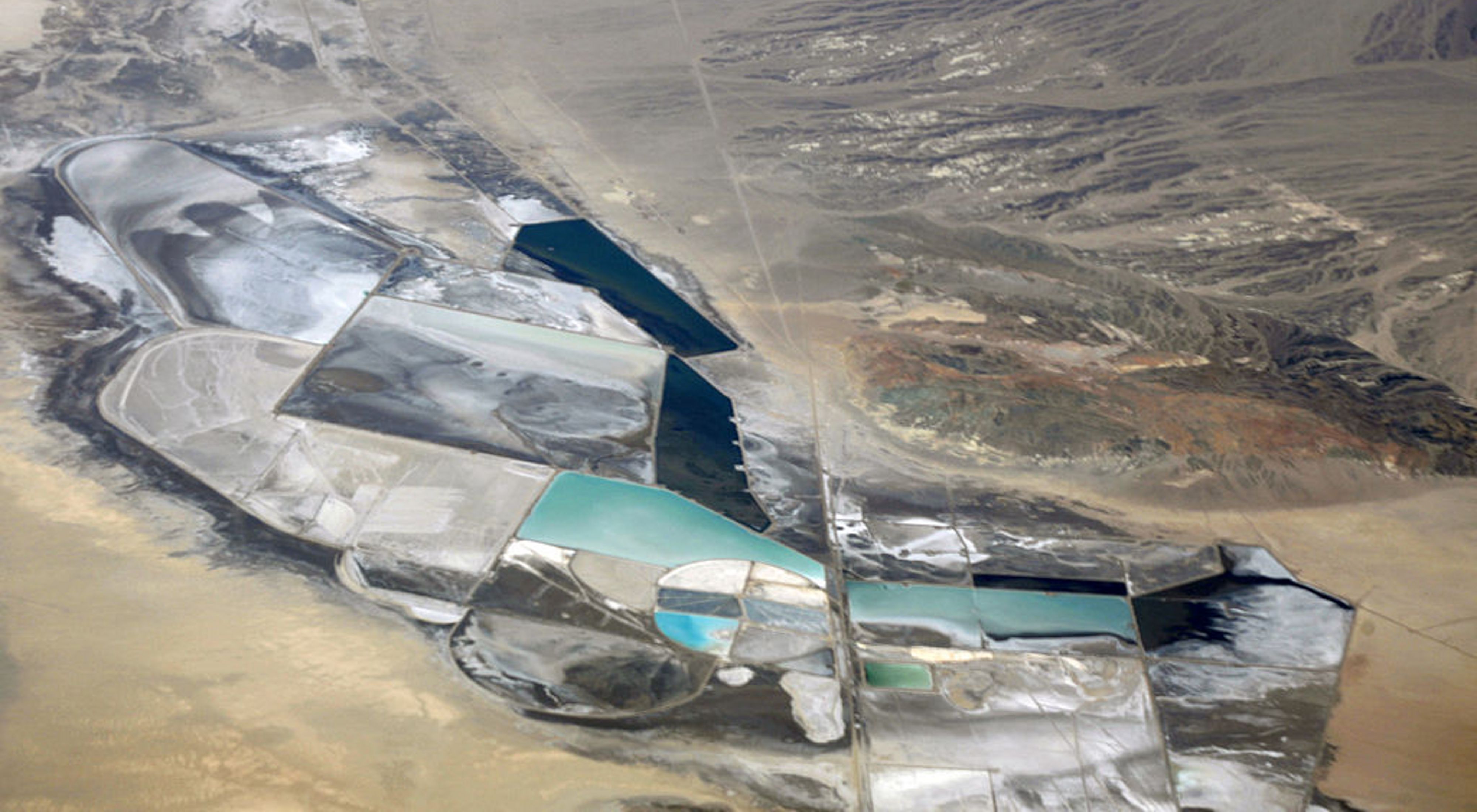 Aerial view of the Chemetall Foote Lithium Operation in Clayton Valley, a dry lake bed in Esmeralda County, Nevada, just east of Silver Peak.