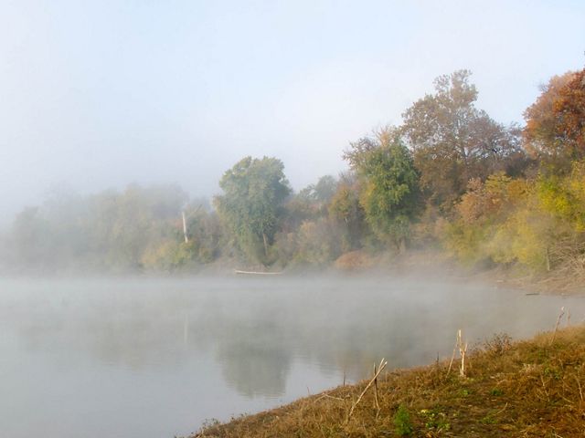 Mist sits over a river.
