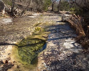 A small hole in a stream bed filled with clear water.