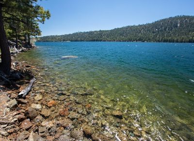 Green blue water stretches from a rocky shoreline.