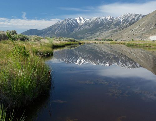 Landscape view of green field with mountains in background and small body of water in foreground.