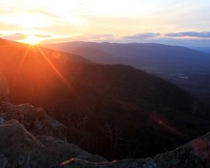 Views from this rocky outcrop look west onto the Shenandoah Valley and north to Shenandoah National Park.