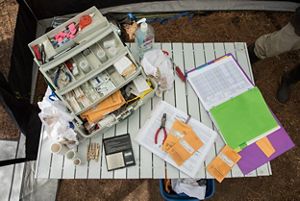 An array of supplies are laid out on a table. A tackle-style box with tiered compartments holds small vials for blood, tags and labels, film canisters with metal bands and a small pair of pliers.