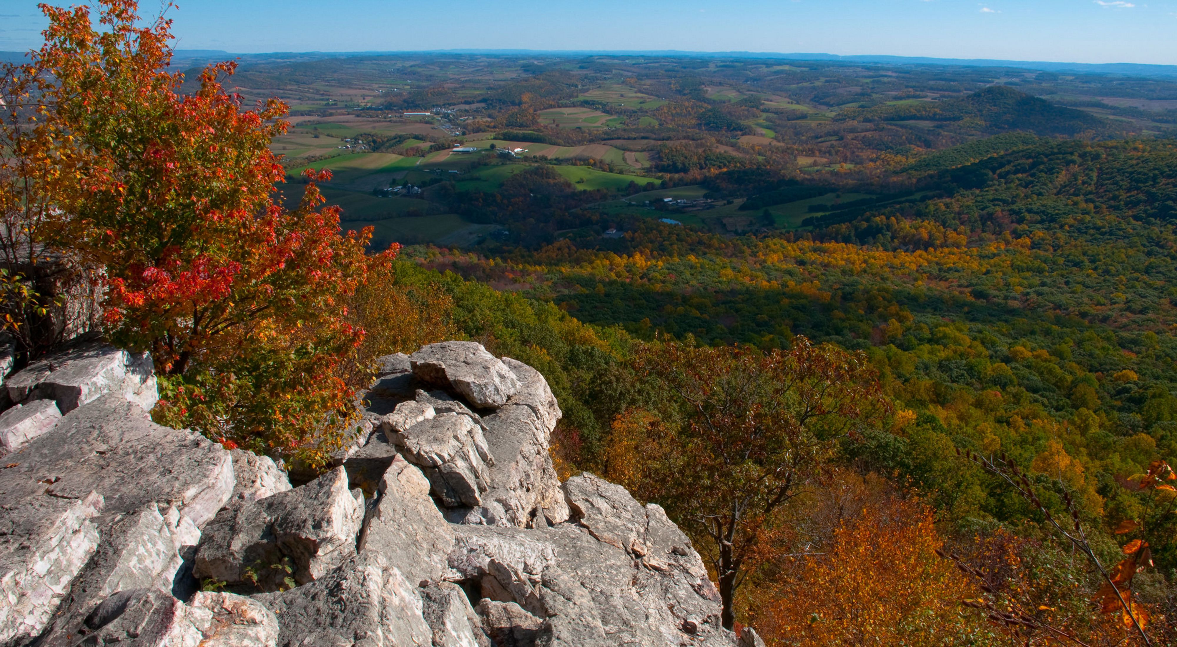View looking out over a rolling valley of forests that extends to the horizon. A outcrop of rock dominates the foreground.