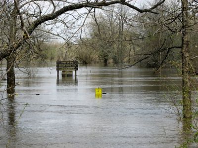 A TNC Iowa preserve sign is nearly underwater as floodwaters rise on the landscape.