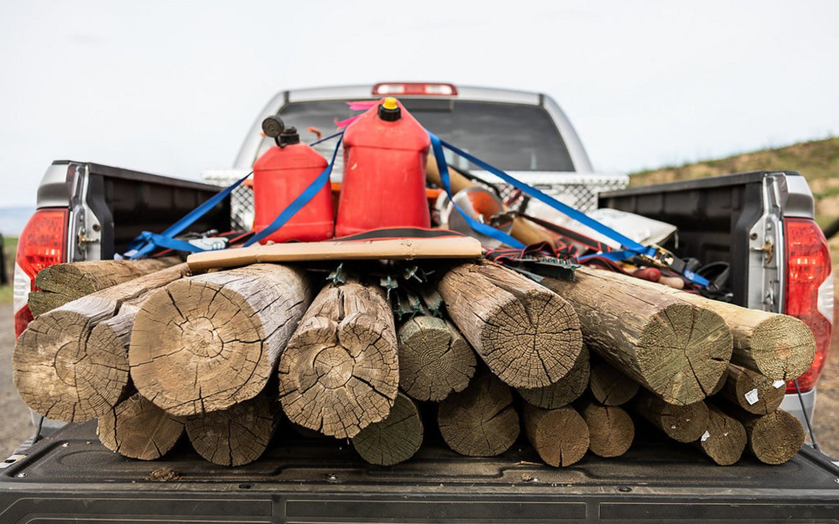 A view of the back of a truck full of supplies for a workday at Beezley Hills Preserve.