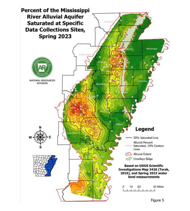 Map showing aquifer saturation in the Mississippi River alluvial aquifer.