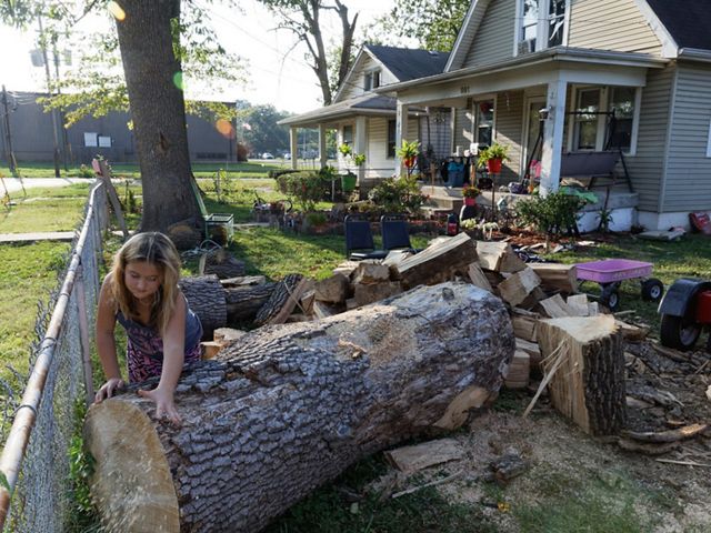 Robert Wilson and his daughter, Alaina, chop up the wood of an Ash tree in their yard. On average, American cities and towns are losing 4 million trees per year.