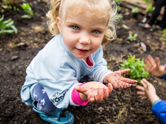A blue eyed toddler crouches in the dirt during a school garden volunteer event. Her hands are covered in dirt. The hands of another child are visible next to her, blurred from brushing away dirt.