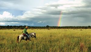 Man on a horse in a field of grass and a rainbow in the background.