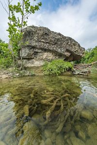 A clear creek flows along a large limestone boulder.