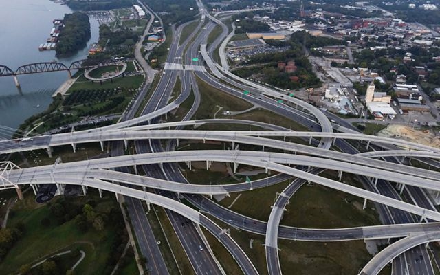 An aerial view of The Spaghetti Junction in Louisville, Kentucky, a mess of multiple highways converging.