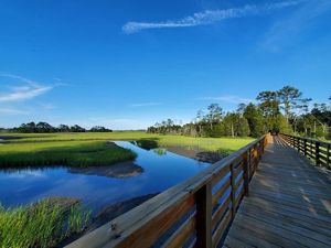 Bridge over Upshur Creek at Brownsville Preserve. A wooden foot bridge extends over the marsh and shallow water of Upshur Creek on Virginia's Eastern Shore.