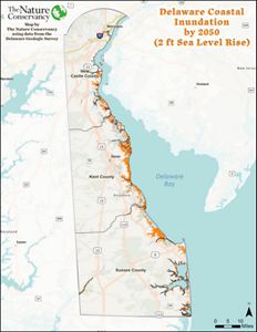 A map of Delaware showing sea level rise in orange. 