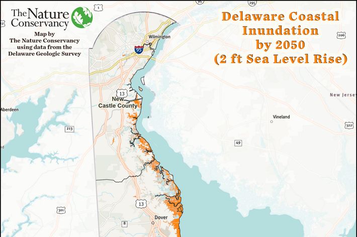 A map of Delaware showing sea level rise in orange.