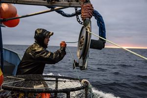 A fisherman winds a rope onto the wheel of a pulley on board a fishing boat. 