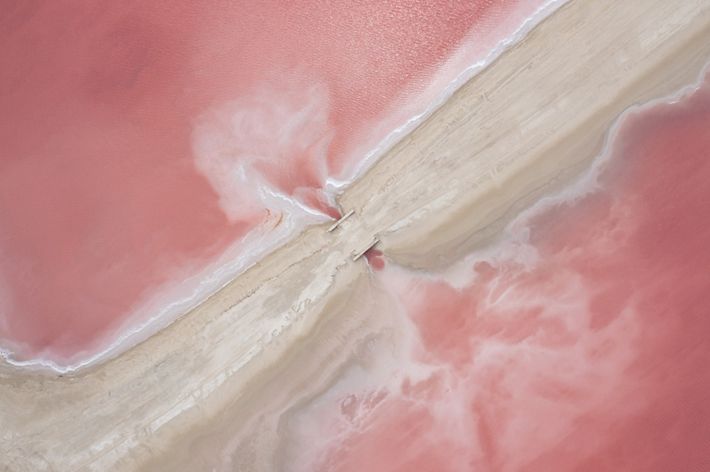 Las Coloradas salt mines in Yucatan. In these pink water lagoons is one of the most important salt generating plants in the country.