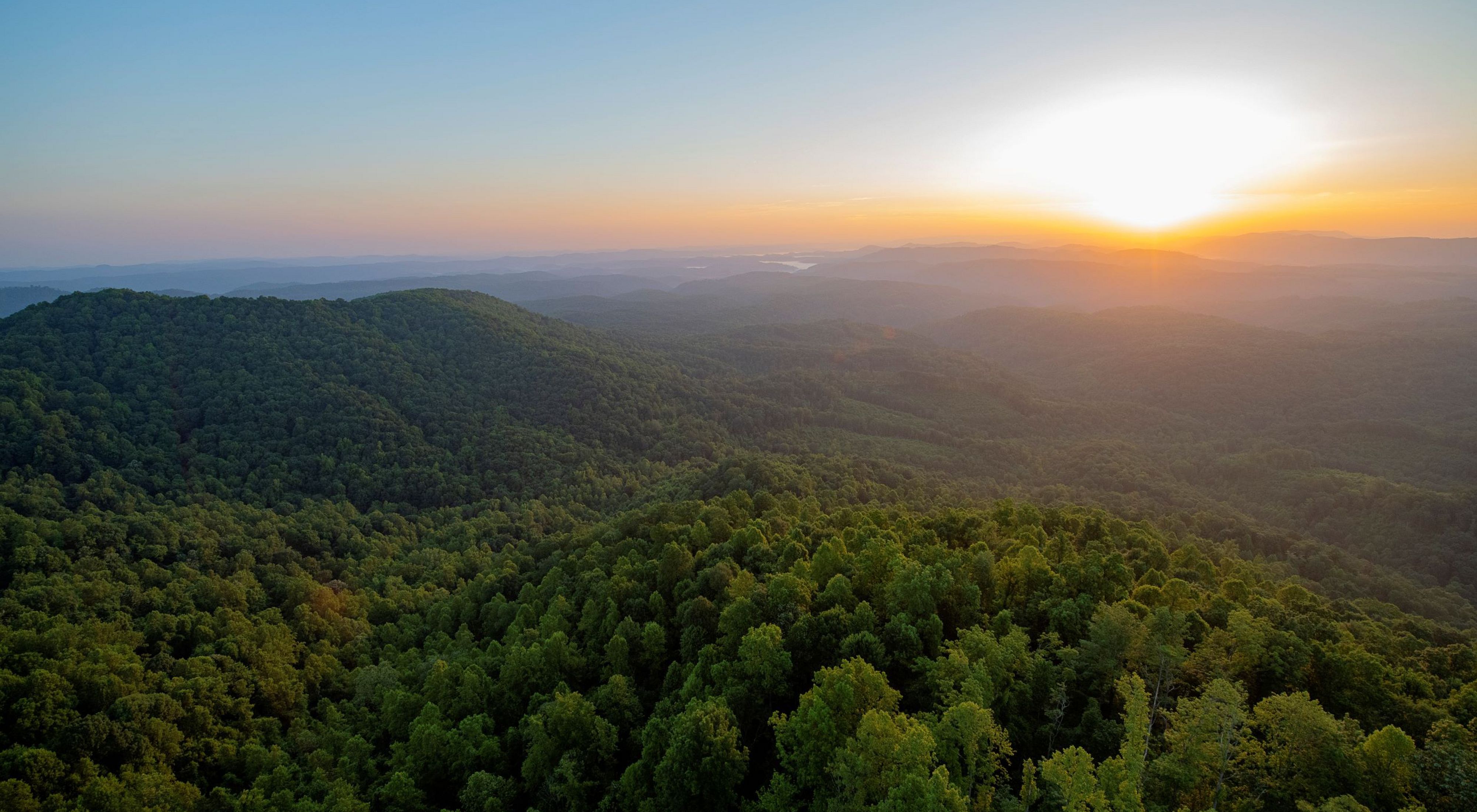 Sunrise over the forests of the Appalachian Mountains.