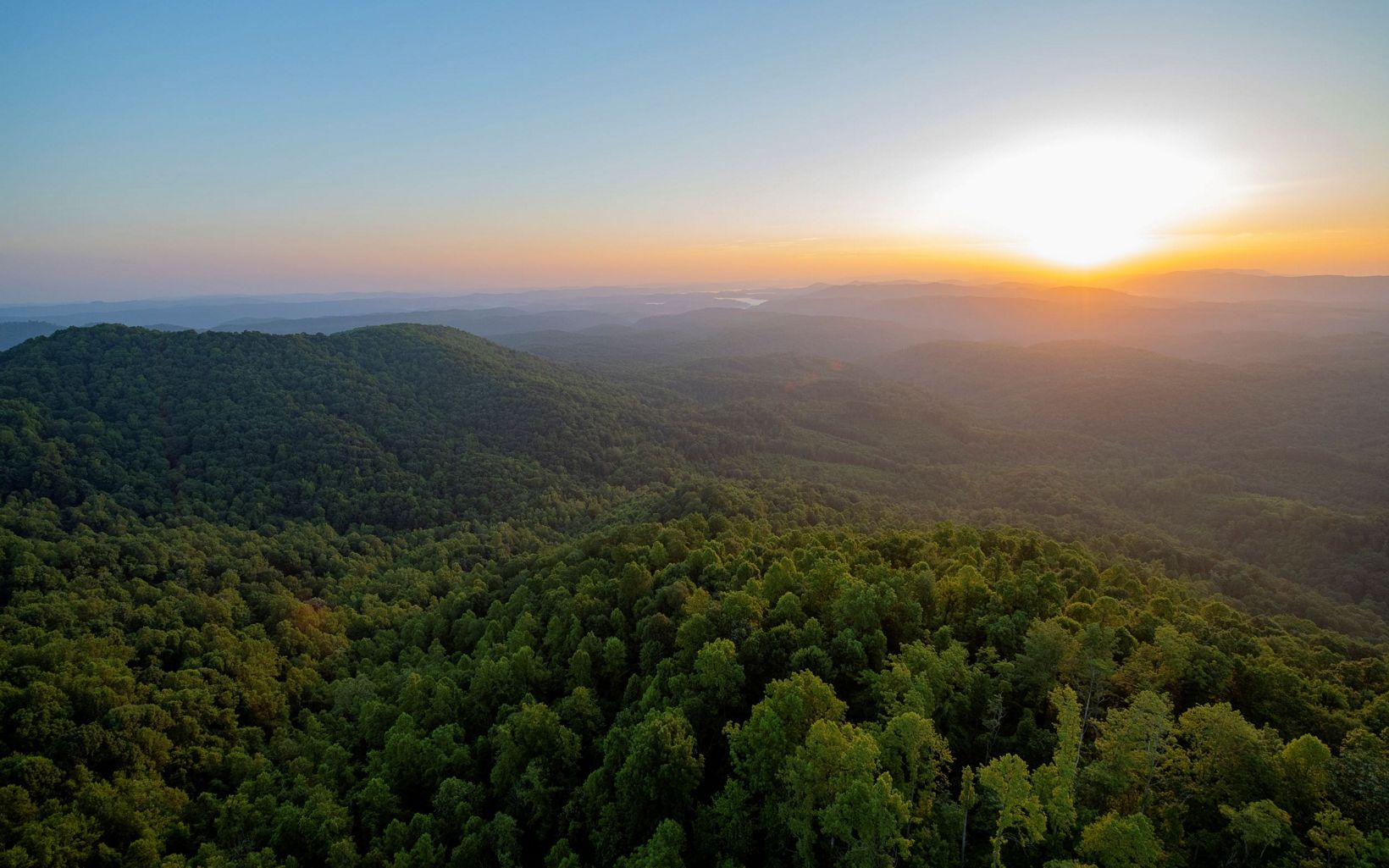 An aerial view of the tree-covered Appalachian Mountains. 