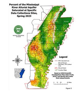 Map showing aquifer saturation in the Mississippi River alluvial aquifer.