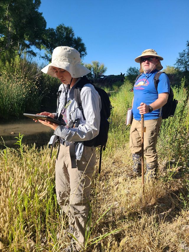 One person stands in a tall grass while using a tablet and a second person with a walking stick stands behind them.