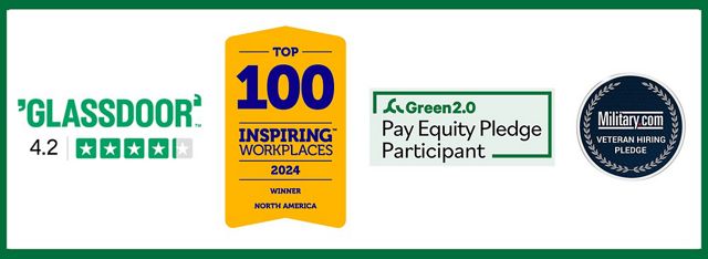 A collage of four badges: Glassdoor 4.2 star rating, top 100 Inspiring Places, Green 2.0 pay equity pledge participant, Military.com veteran hiring pledge.