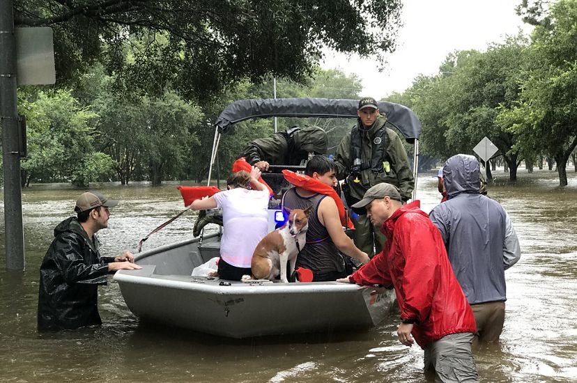  Un hombre, una mujer y un perro están sentados en un bote de rescate mientras los socorristas están de pie con el agua hasta la cintura en las afueras de Houston durante el huracán Harvey.